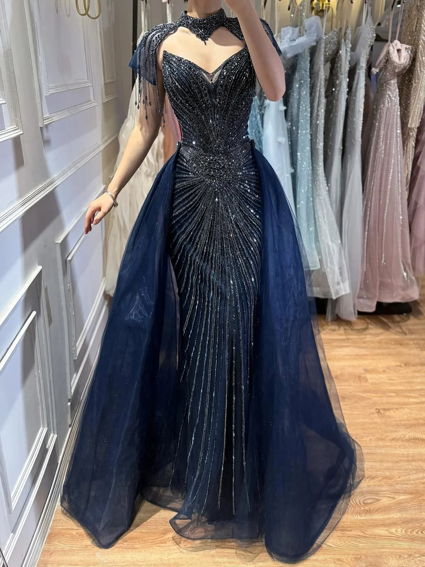 Customized Luxury Full of Beads Mermaid Prom Dresses Exquisite Evening Dresses with Removable Overskirt Beaded Tassel Gowns image 3