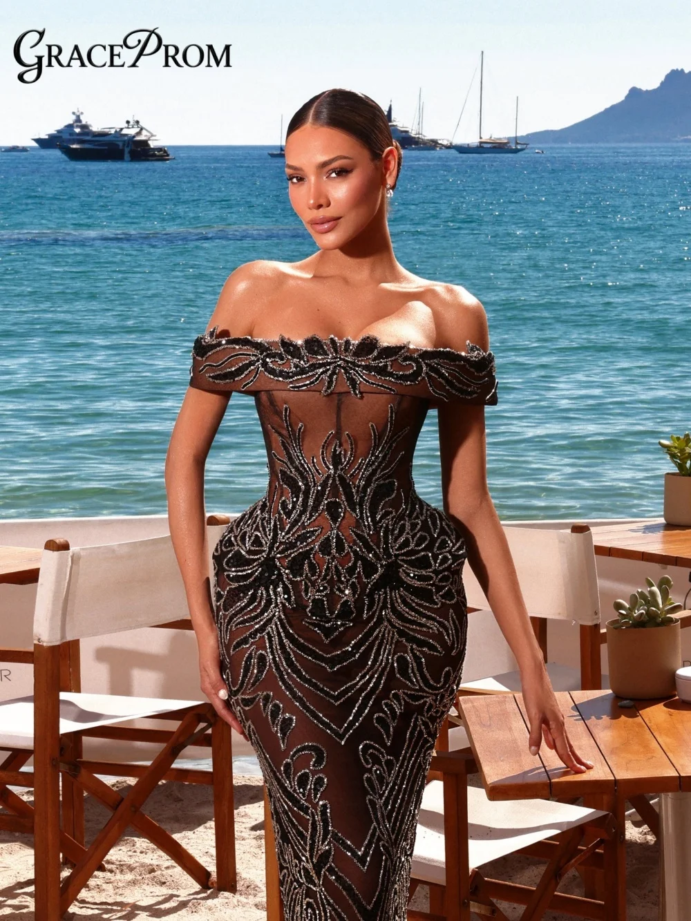 

Opulent Off Shoulder Black Beaded Evening Gown with Sheer Nude Mesh Floral Embroidery Party Dress for Wedding Guests فساتين سهرة