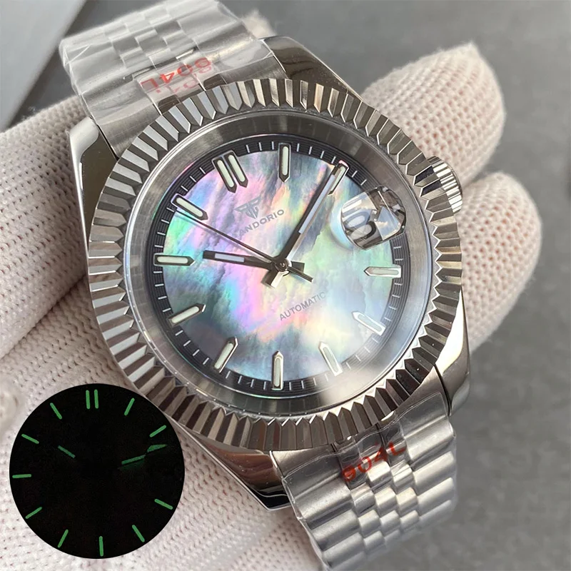 

39mm DJ automatic movement NH35A watches for men Mother of Pearl Dial Sapphire Steel Bracelet 20ATM Glass Back green lume