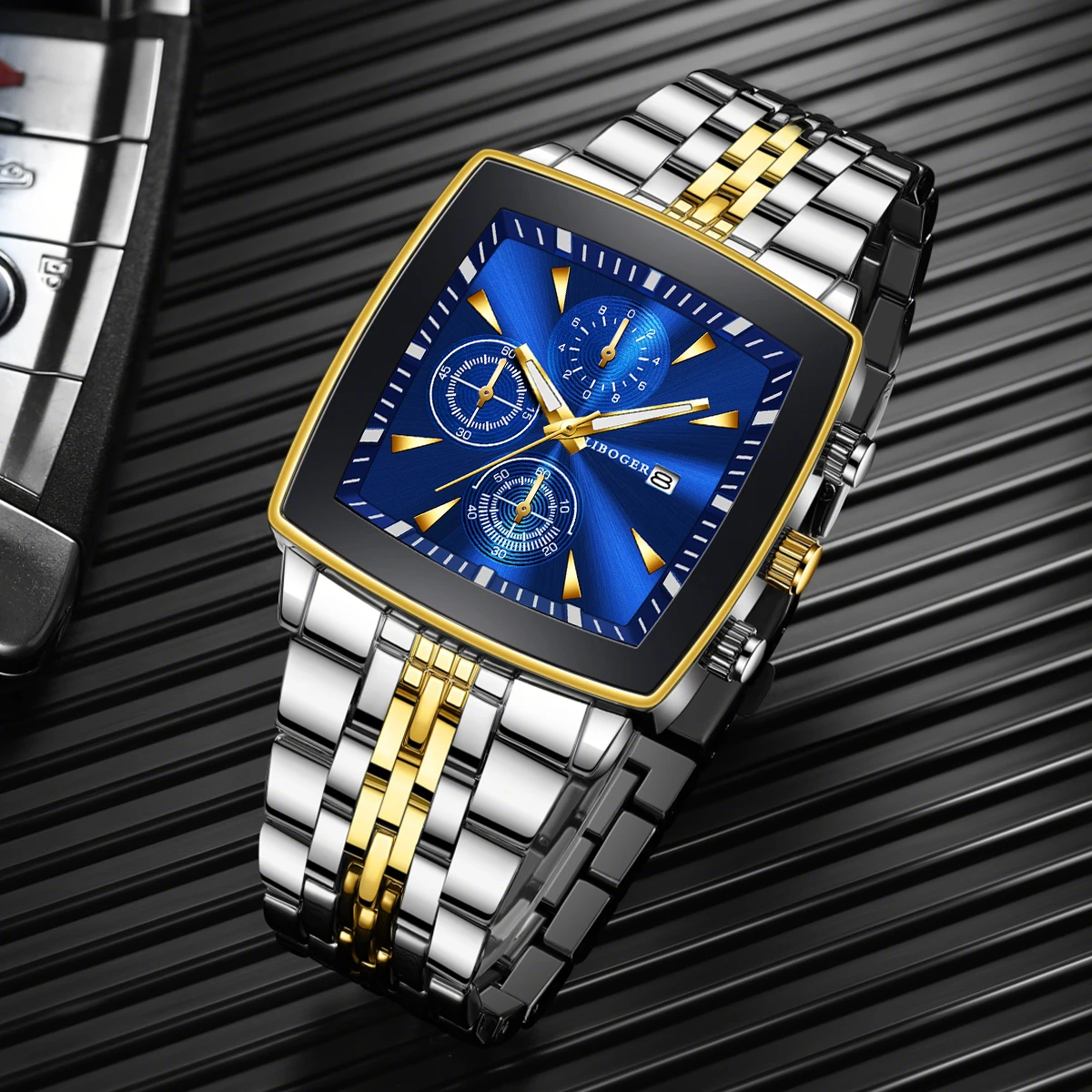 Reloj de cuarzo con calendario para hombre de acero inoxidable a la moda, relojes de negocios con esfera cuadrada de lujo para hombre, Reloj Hombre (sin caja)