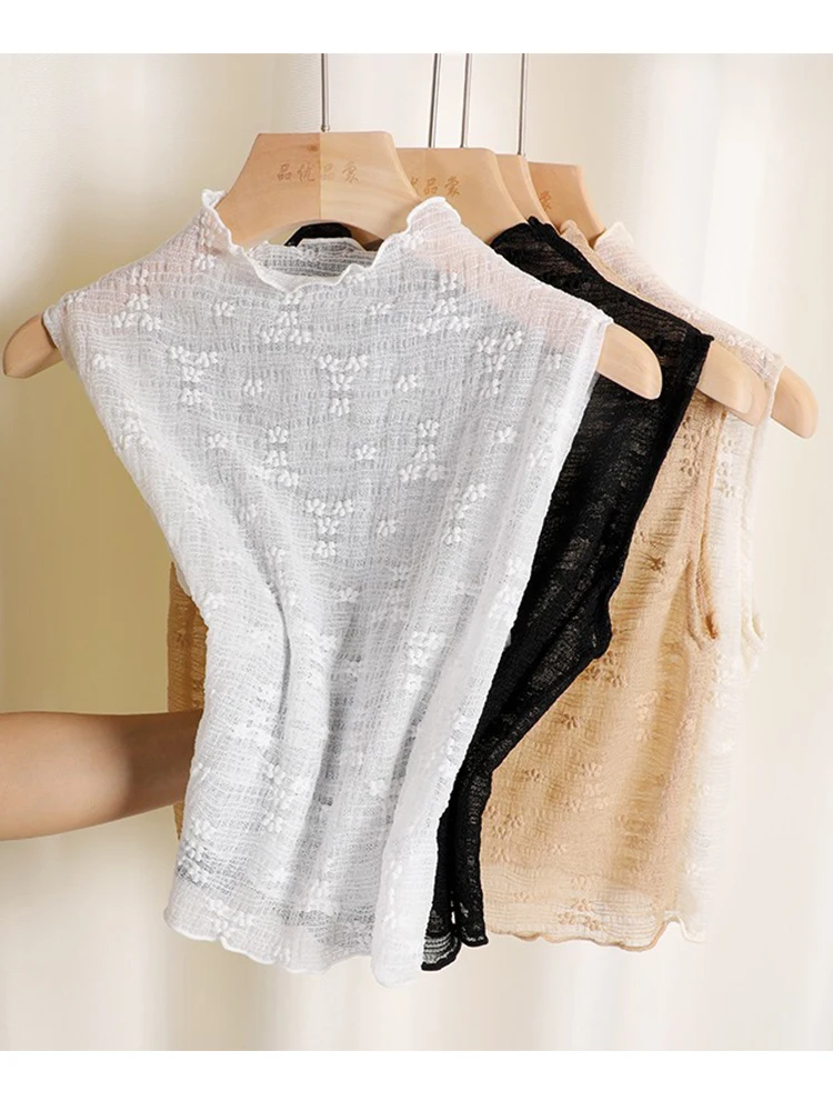 Lace Base Shirt Women's New Autumn Winter Half High Collar Sleeveless Vest Mesh Grommet Top Fashionable Inner Wear