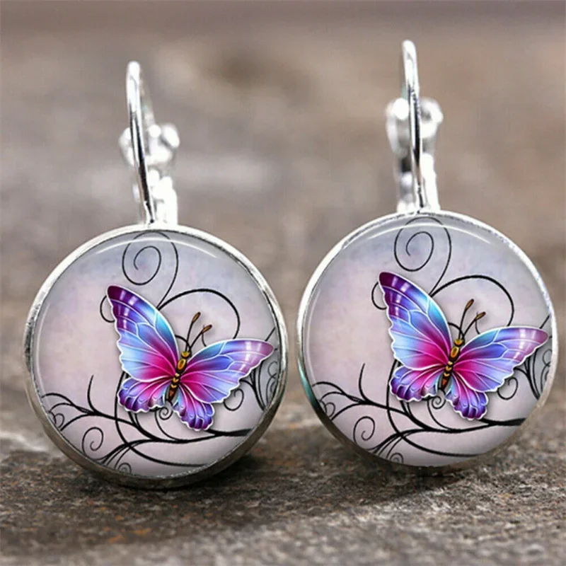 Vintage Creative Sliver Color Round Colorful Butterfly Dangle Earrings For Women Fashion Custom Jewelry