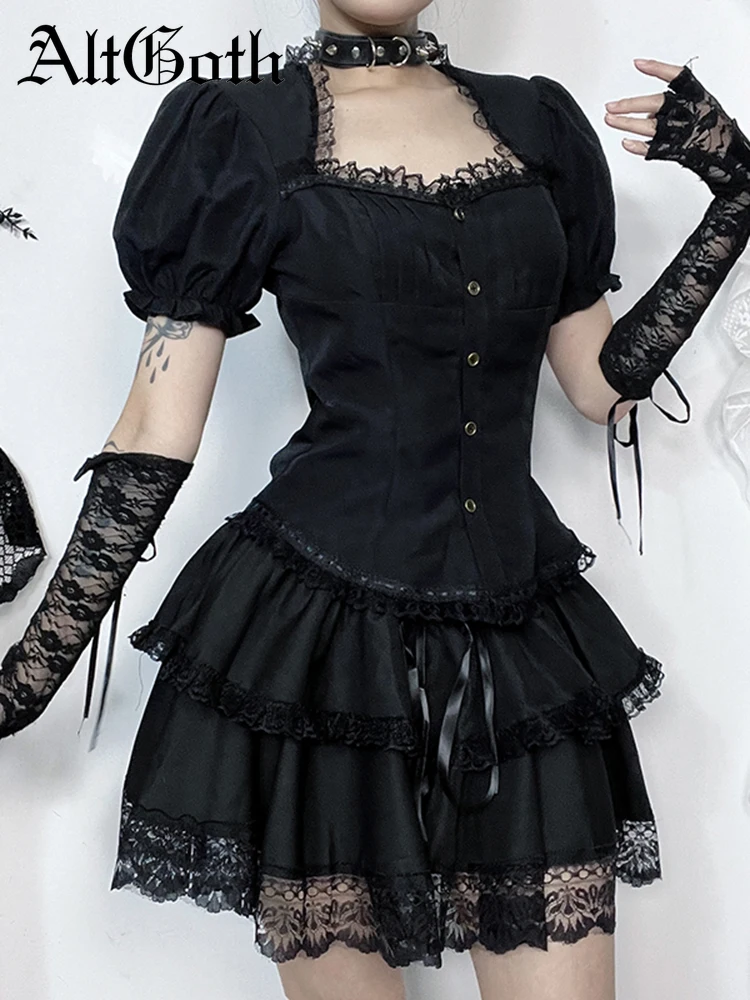 AltGoth Vintage Gothic Lolita T-shirt Women Streetwear Lace Patchwork Puff Sleeve Bandage Crop Tee Tops Elegant Cosplay Clothes