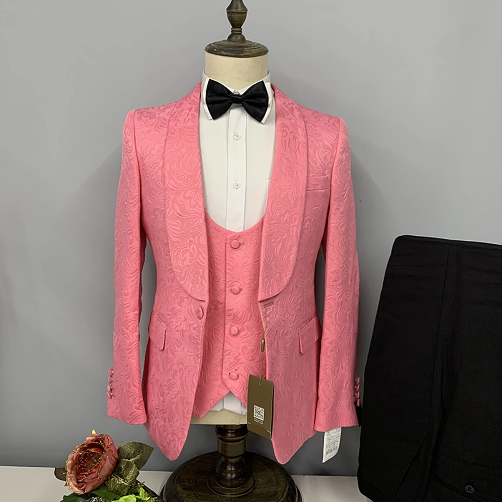 

2023 Luxury Blazer Men's Set Pink Print Pattern Casual Loose Party Wedding Fit 3 Piece Set (Jacket+Pants+Vest)