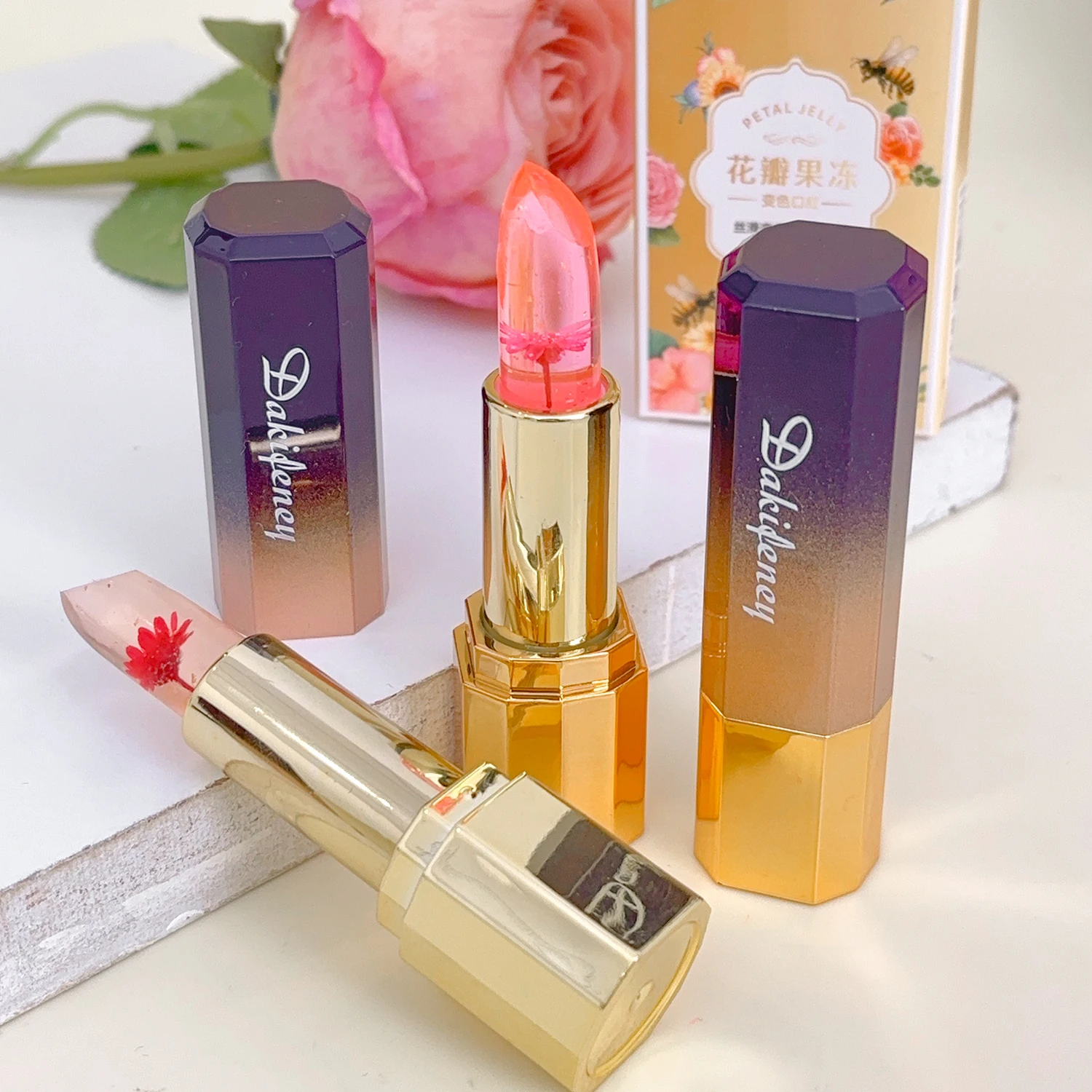 Rouge à lèvres fleur feuille d'or, changement de couleur, pétales de cristal, gelée brillante, baume hydratant durable, imperméable
