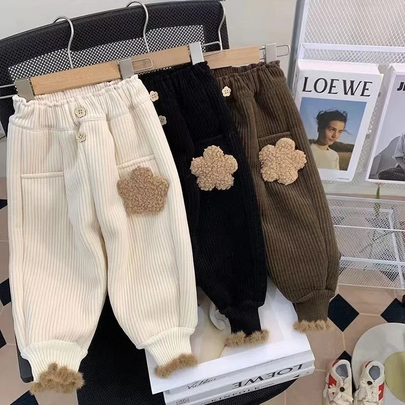 

Girls Corduroy Cotton Pants With New Plush And Thickened Winter Children's Casual Warm Pants For Boys and Girl Outerwear Wear