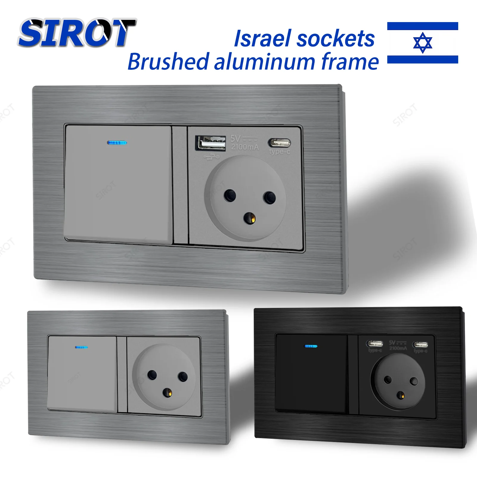tomada-de-parede-sirot-israel-com-carregamento-usb-c-painel-de-aluminio-escovado-preto-e-cinza-tomada-dupla-com-interruptor-e-saida-de-energia-combinada