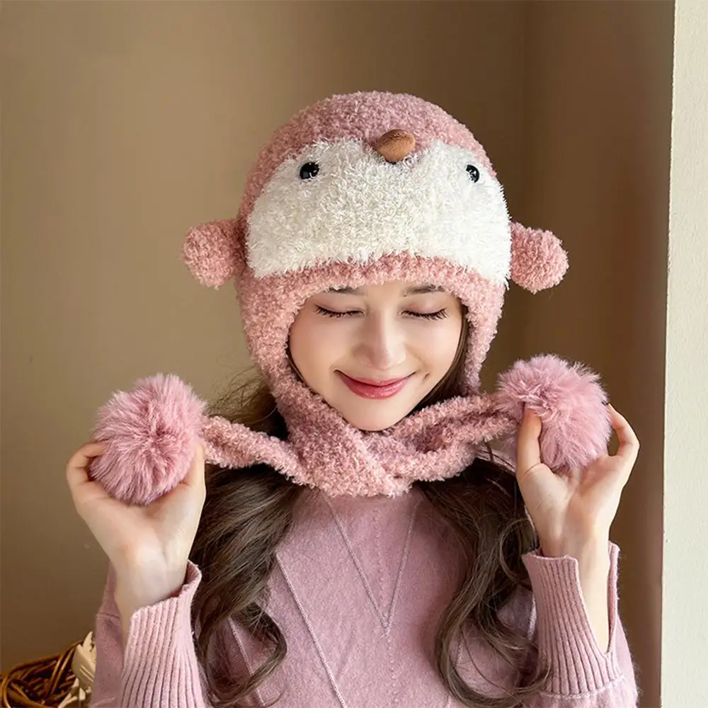Czapka damska na zimę z motywem pingwina, chroniąca uszy, uniwersalna, ciepła, wkładana przez głowę, dzianinowa czapka beanie.