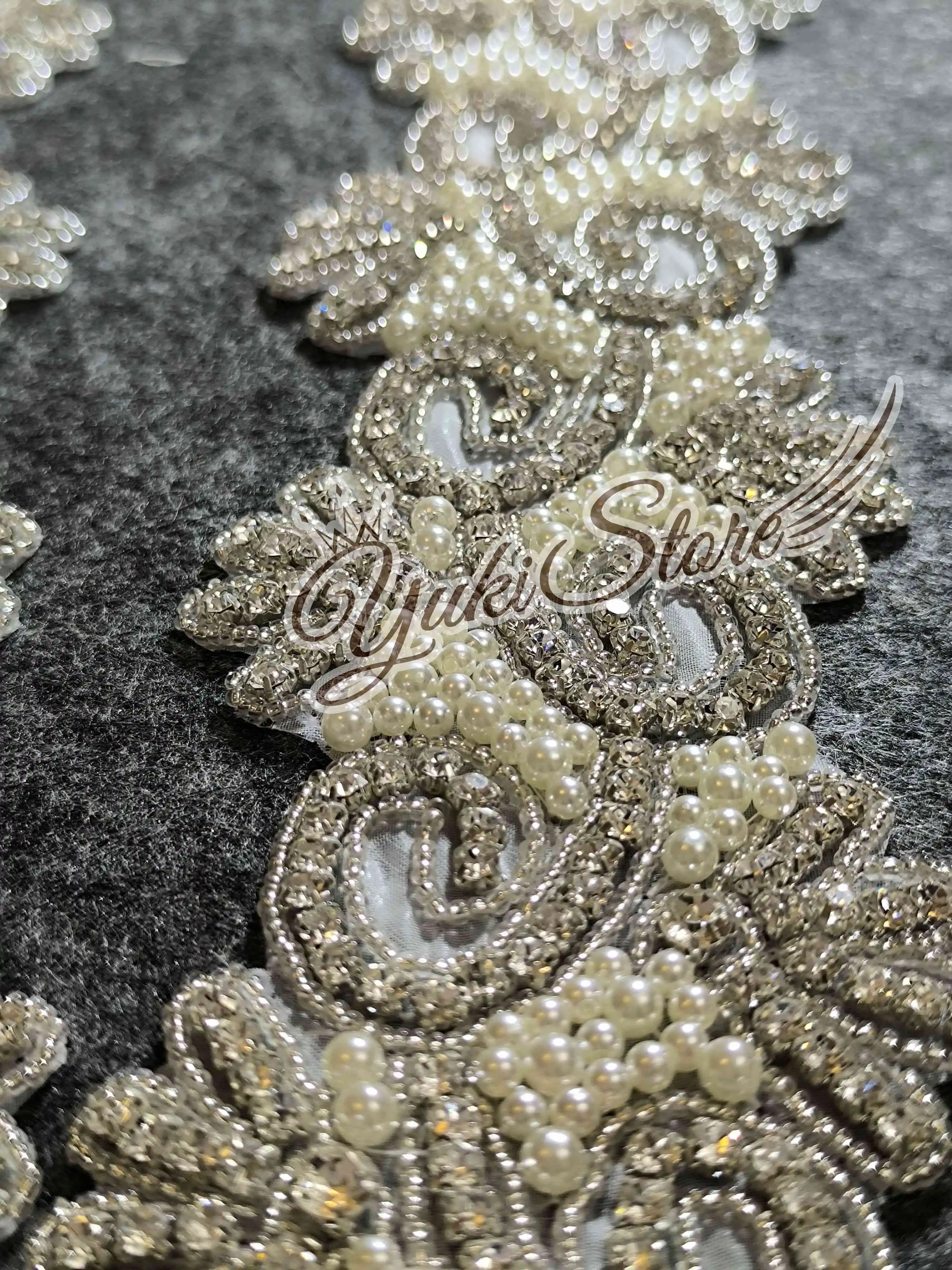 Long Silver Small appliques Heavy bead 3d flower lace applique floral pearls embroidery bridal lace patch YK016