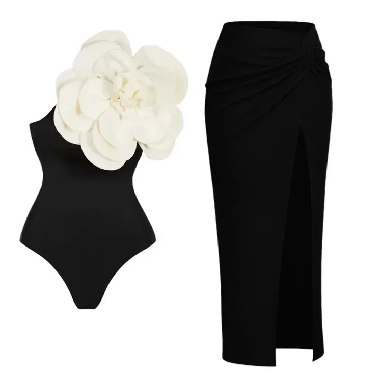

3D Flower Printed Swimsuit and Sarong for Women, Retro Handmade Bathing Suit, Beachwear Set, Summer Swimwear, 2 Pc, 2024