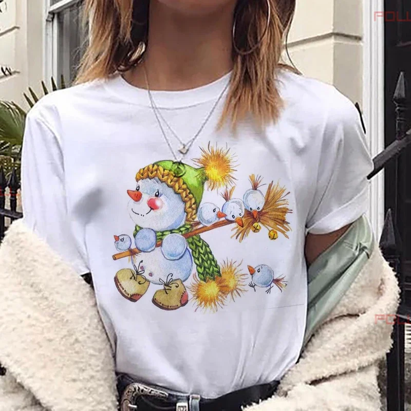 Cute Bear with Christmas Balls T Shirt Women Fashion Christmas Harajuku Short Sleeve T-shirt White Suitable All Seasons