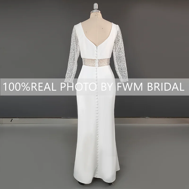 8729 #   100% fotos reales traje de dos piezas mangas largas de encaje vestido de novia con lentejuelas vestido de novia personalizado