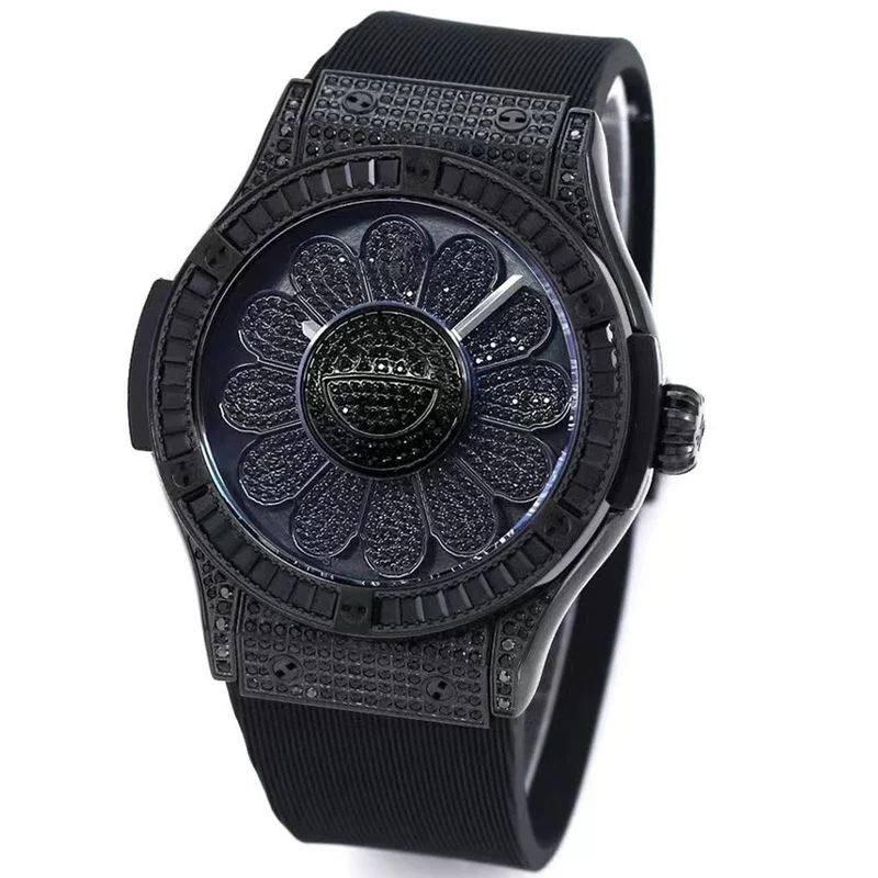 Large dial mechanical hollow colored diamond sapphire glass waterproof and fashionable neutral circular rubber watch