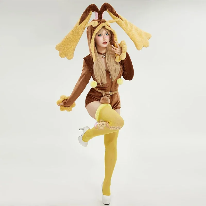 

Women's Anime Lopunny Cosplay Costume Sexy Hooded Bodysuit with Socks Kawaii Cartoon Flannel Pajamas Jumpsuit for Halloween
