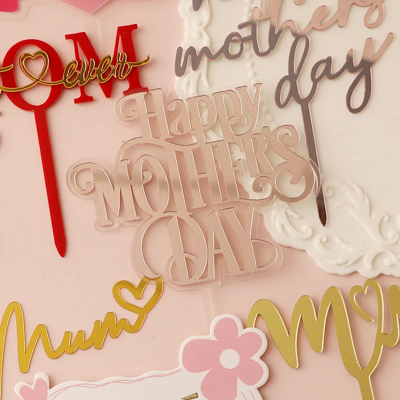 10pc Best Mom Mother\'s Day Party Cake Topper Pink Red Love You Mum Acrylic Cake Topper for Mommy Birthday Party Cake Decor Gift