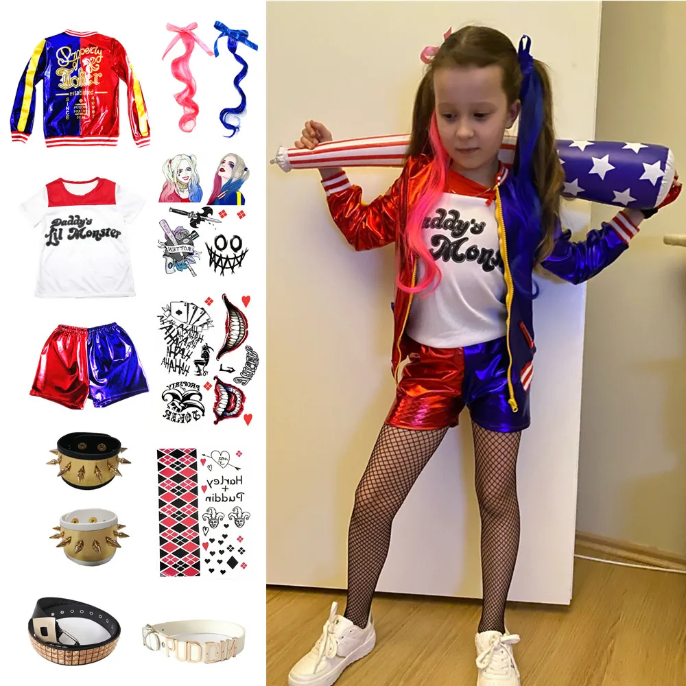 Children Harley Kids Girls Cosplay Costumes Quinn Harleen Quinzel Joker Monster Jacket Party Clothes