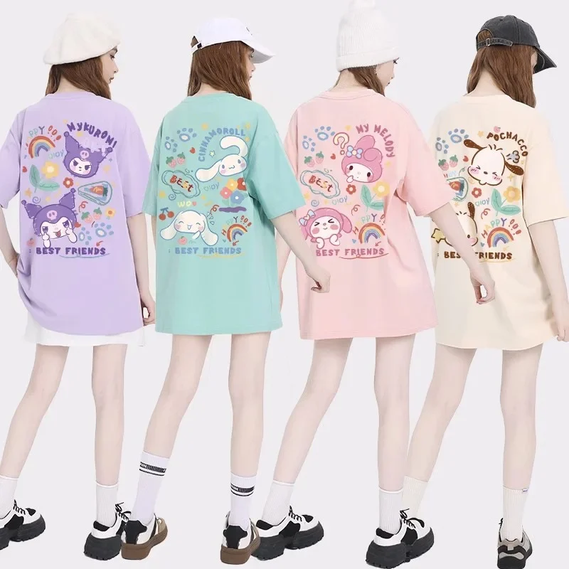 New Sanrio T After Wrap Collar Japanese Cartoon Summer Kuromi Cinnamoroll Melody Pochacco Short-Sleeved Round Neck Blouse Gifts