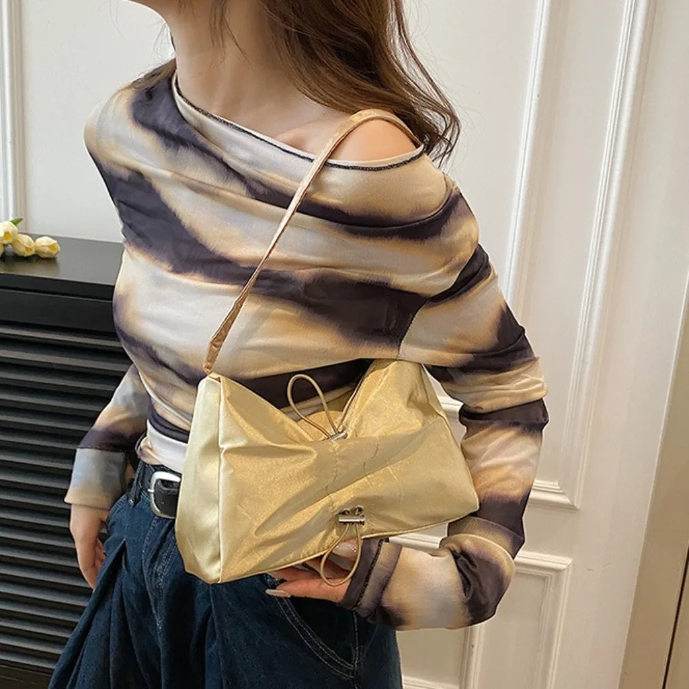 

Elastic Polyester Drawstring Shoulder Bag Bow Design Large Capacity Solid Color Handbag Zipper Purses Pleated Underarm Bag Party