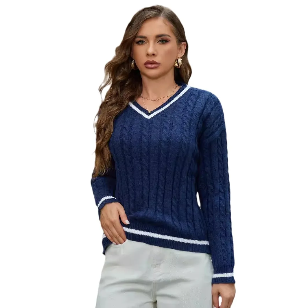 Femmes chandails à manches longues col en V tricot pulls solide Patchwork droit pulls décontracté élégant légèrement extensible haute rue