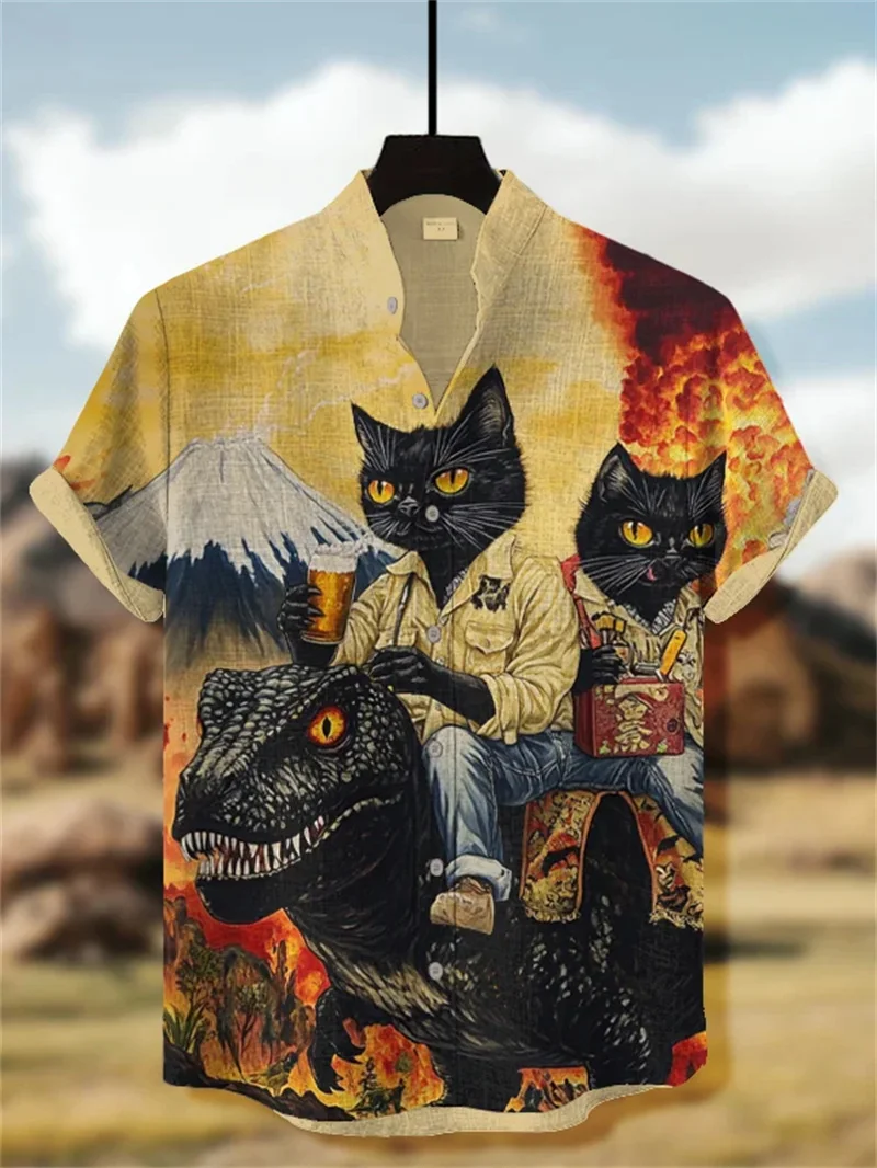 New Zen inspired linen short sleeved shirt for men, featuring a landscape inspired 3D printed casual top