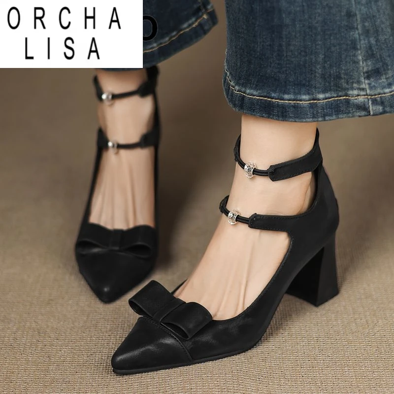 

ORCHA LISA 2025 Новые женские туфли-лодочки с острым носком на массивном каблуке 8 см на молнии с двойной пряжкой и ремешком размера плюс 41 42 43 Туфли для свиданий с бантом