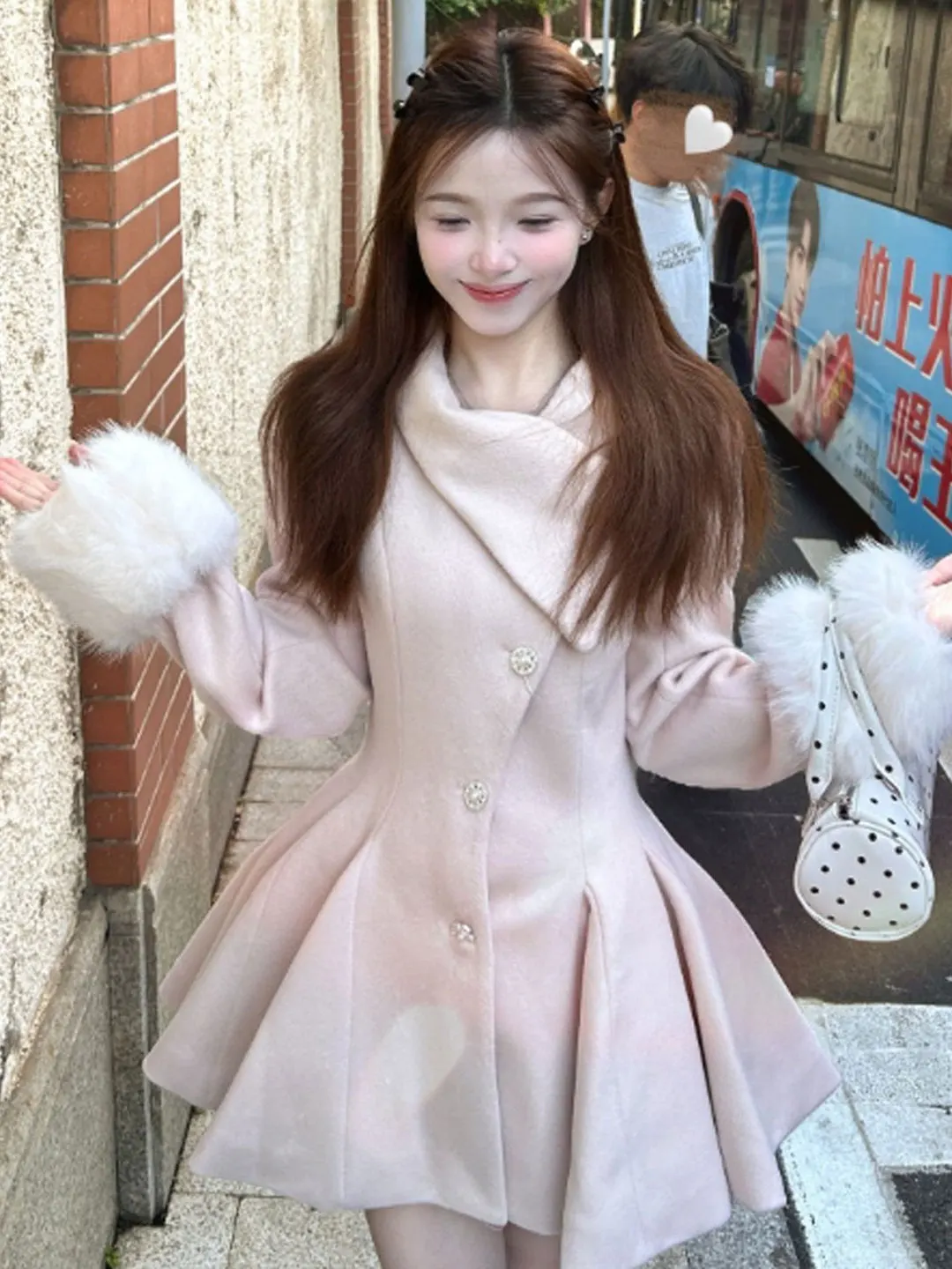 

Korean Sle Slim Fit Woolen Coat Ele Waist-Cinching Design Youthful Millionaire Feeling Long Sve round Hem Button Detail