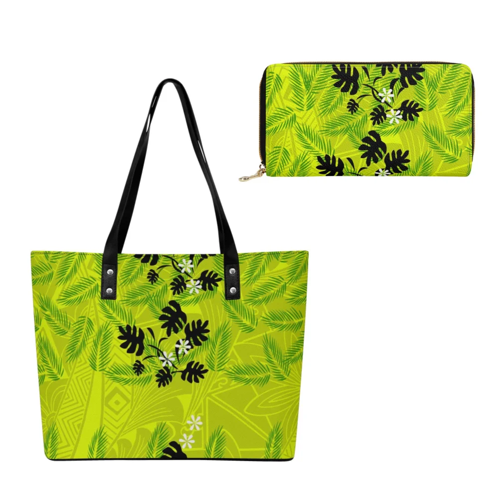 

Customizable Polynesian Art Leather Wallet Handbag Set Womens Casual Printed Pattern Exquisite Design Shopping Tote Bag