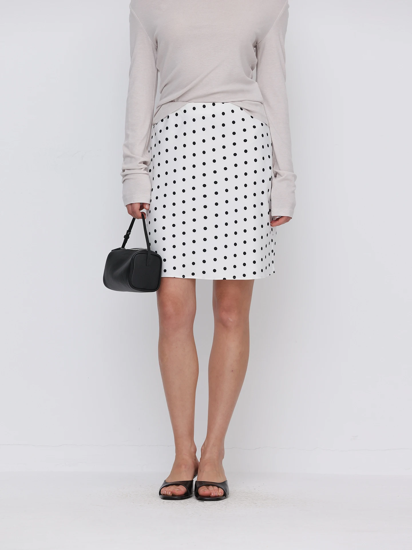 

DeesseSicile White Polka Dot Satin A-Line Skirt Slimming High Waist Women's Half-length Skirts Fashionable City Commute