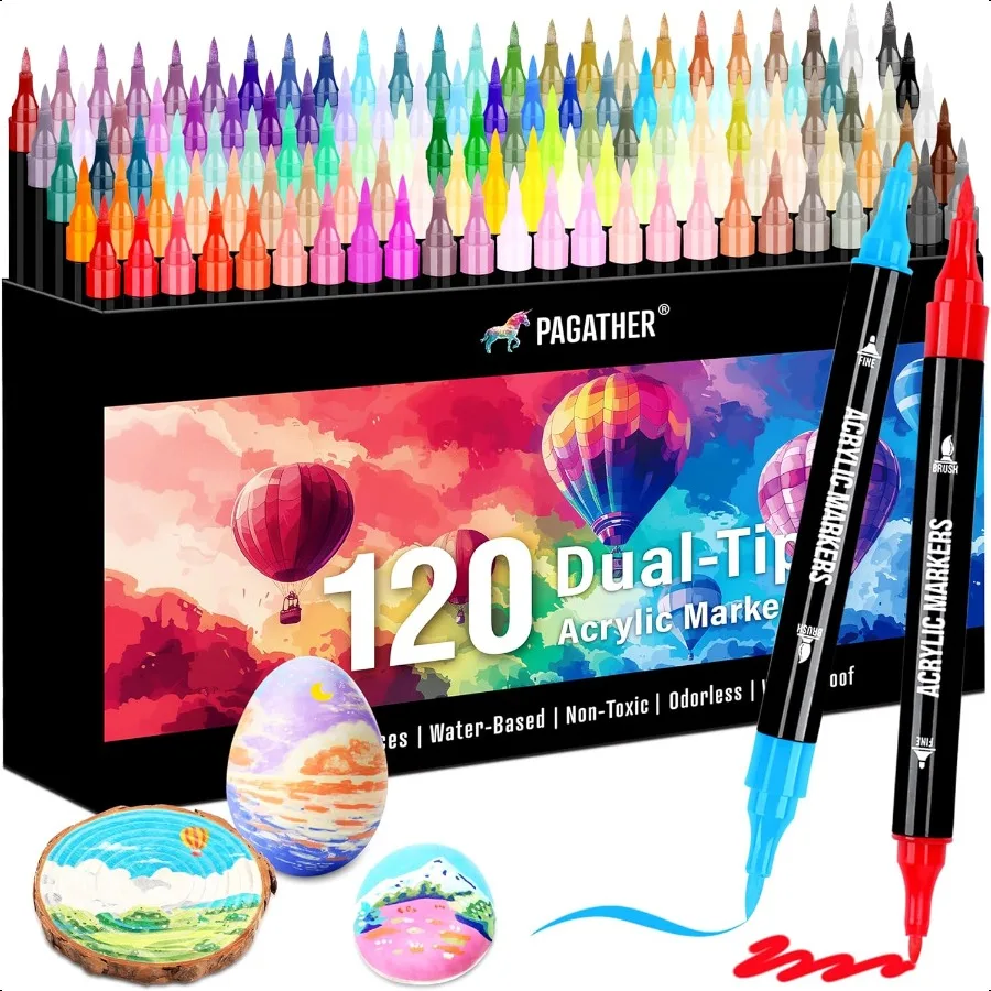 

120 Colors Acrylic Paint Markers Dual Tip Fine Tip and Brush Tip Pens Contain 24 Metallic Color for Stone Wood Calligraphy Canv