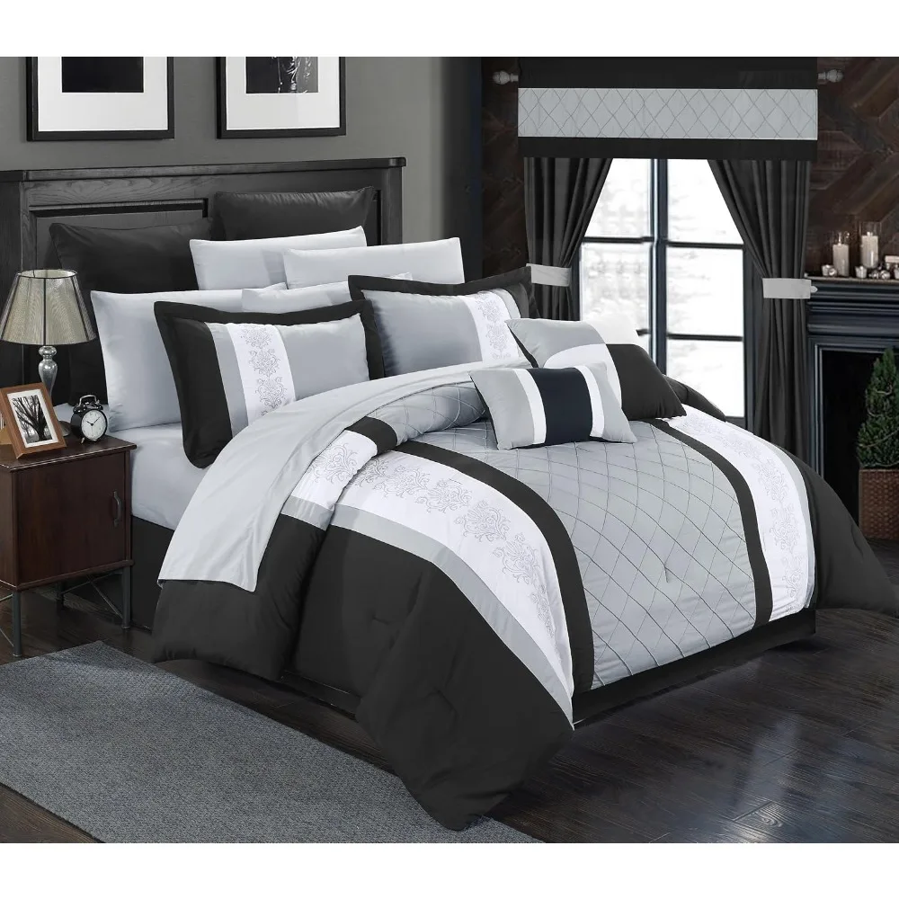 

Hotel Cabin Bedroom Chic Home Black Bed in a Bag Comforter Set, King Size (24 Pieces), Embroidery Colorblock Bedding