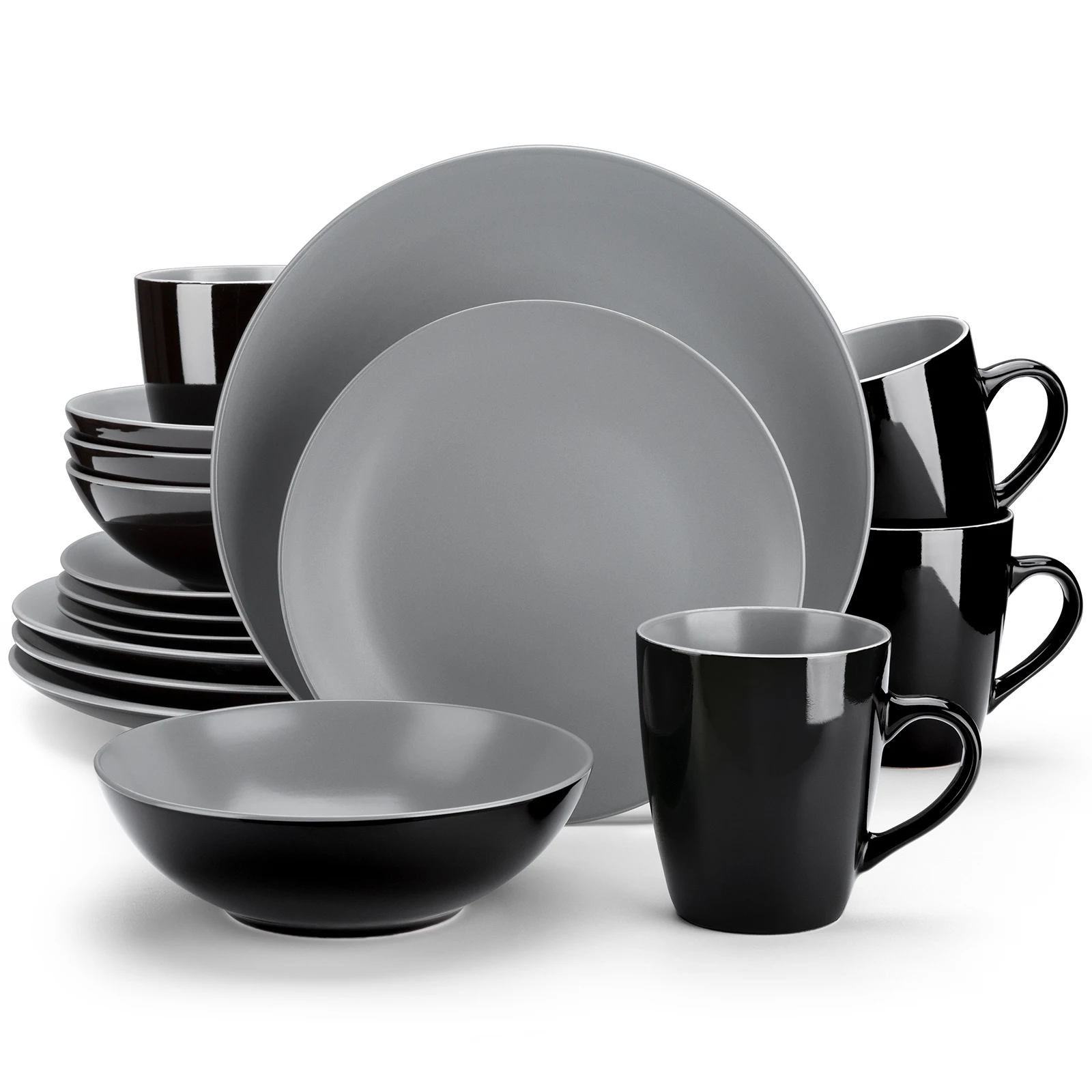 VANCASSO LENTO 16/32/48-Piece Matte Black&Light Gery Stoneware Crockery Tableware Set with Dinner Plate,Dessert Plate,Bowl,Mug