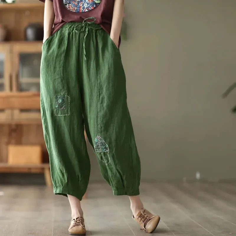 

Cotton linen harem pants female large size spring summer new fashion literary elegant patch casual nine-point radish LJ188