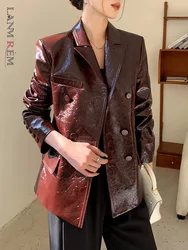 [LANMREM] Leather Blazers For Women Notched Double Breasted Office Lady Temperament Fit Jackets Fashion 2024 Autumn New 26C1150