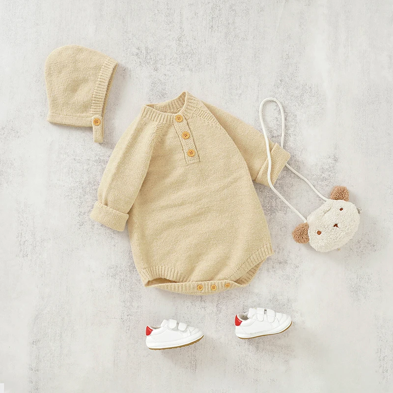 

Baby Bodysuit Knitted Newborn Boys Autumn Girls Tops Long Sleeve Infant Children Clothing Hat 2PC Jumpsuit Solid Overall Sweater