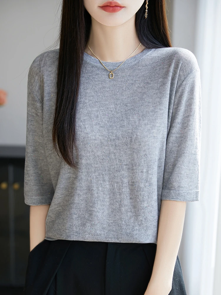 

Spring Summer Slim Fit Knitted Top Women's Loose Sle Five Sve Length T-irt round Ne Faionable Casual Wear
