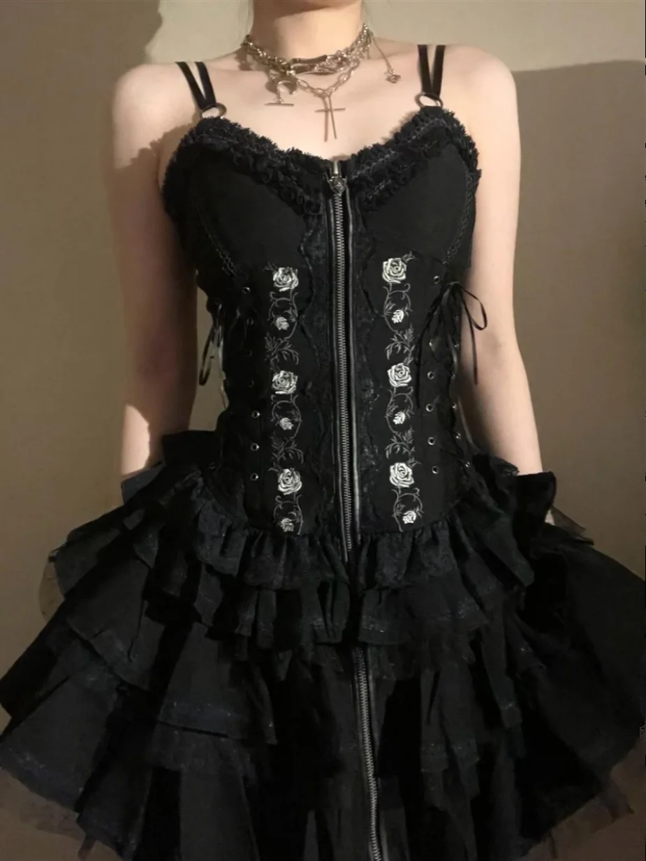 Original Lolita Kleid Set Damen Slim Elegant Gothic Punk Reißverschluss V-Ausschnitt Vintage Hosenträgerkleid + Hemd Set Sommer Zweiteiliges Set