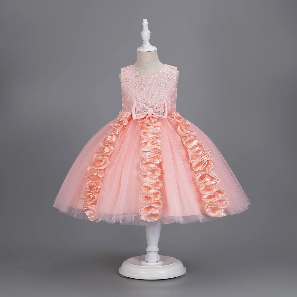 

Children Princess Dress Girl Skirt Ruffled Trim Elegant Party Clothing Kid Sleeveless Lace Bodice Dress Waist Bow Accent Tulle
