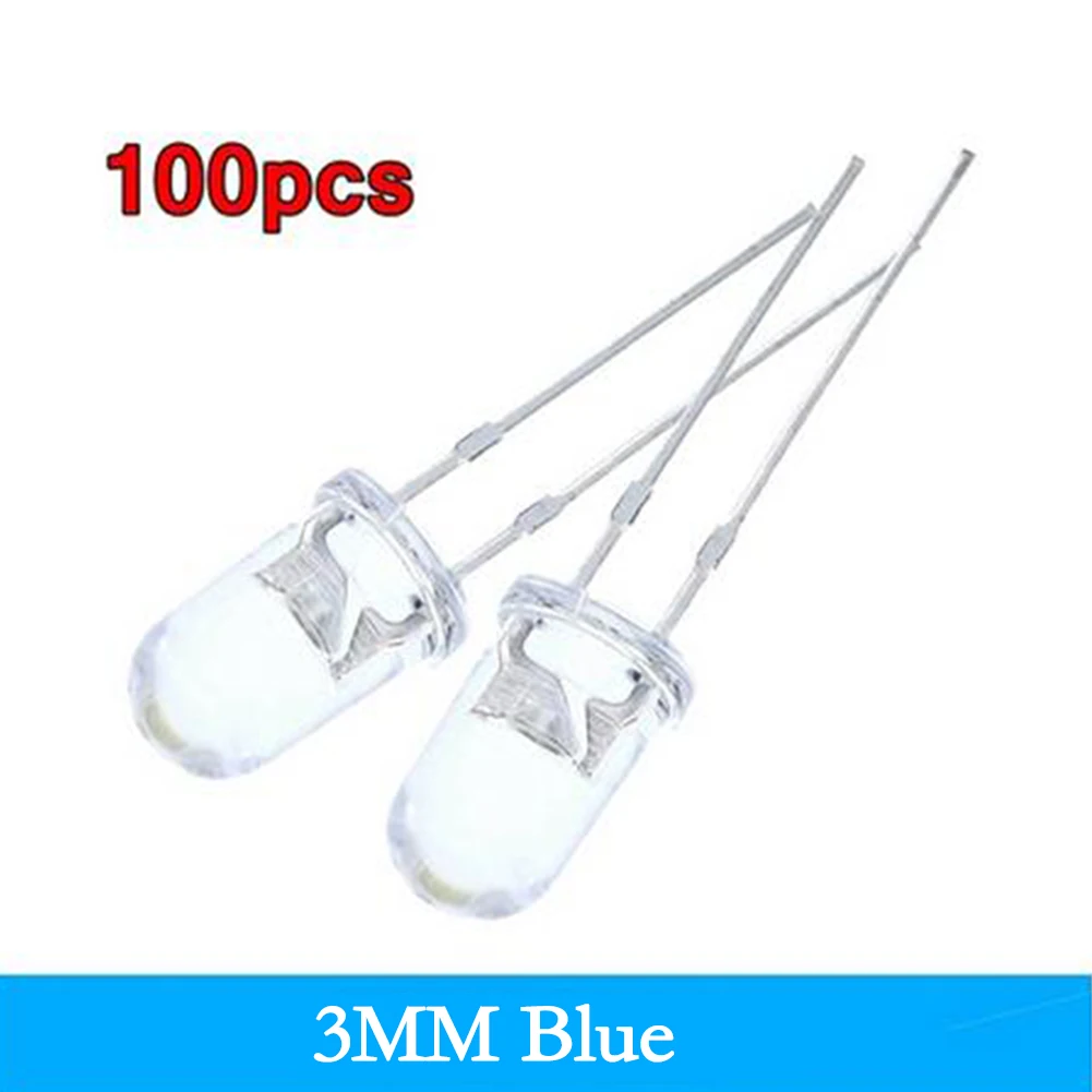 100pcs Super Bright LED 3mm RedBlueGreenWhiteYellow LED Transparent Bulb High Quality LEDs for Various Applications