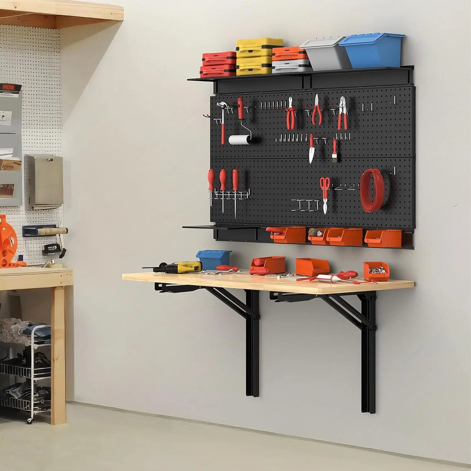Heavy Duty Wall Mounted Folding Workbench, Space-Saving Collapsible Wall Table/Desk for Garage Workshop, Holds Up to 550