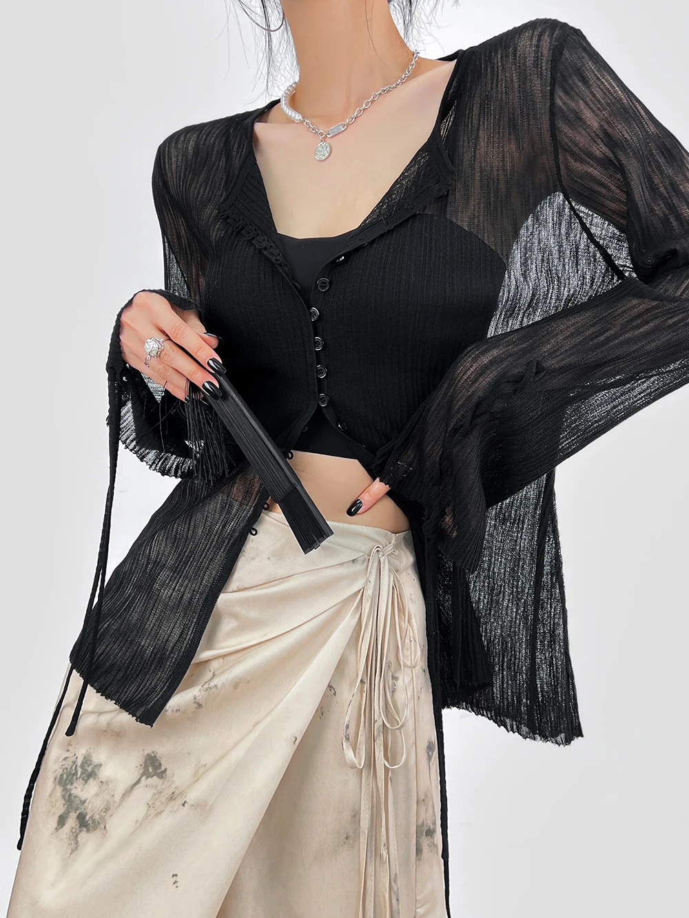 

Double Z Bla Buttoned Bell Sve Knitted Open Cardigan Women's High Texture Hollow out See tough UV Protection Top