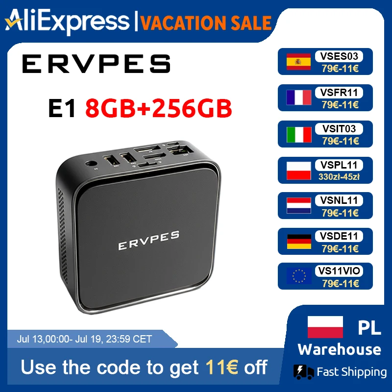 Mini PC ERVPES E1 con AMD Ryzen 3 3250C, 8GB DDR4, SSD de 256GB, Windows 11 Pro, Wifi de Doble Banda, BT5.2, Mini Computadora de Escritorio para Oficina