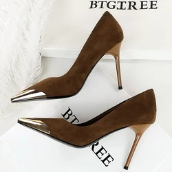 BIGTREE Shoes leopard Women Pumps Stilettos Heels 9.5 cm Suede High Heels Metal pointed tip Women Heels Sexy party shoes ﻿Femal