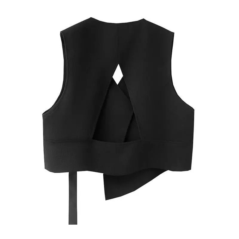 

Spring New Korean Version Black V-neck Irregular Hollow Loose Sleeveless Vest Short Top For Women