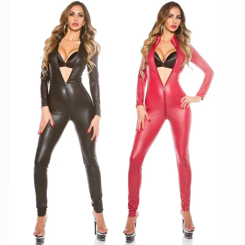 

Black Red Sexy Jumpsuit For Women's Vinyl Catsuit Latex Faux Leather Bodysuit Zipper Open Crotch PVC Leotard Jumpsuit Costume