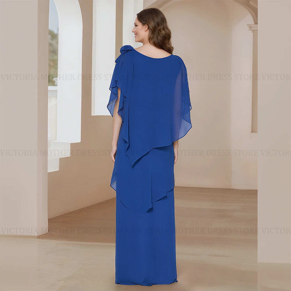 ชุดแม่เจ้าสาวแบบเรียบง่ายสั่งตัดจาก VICTORIA ประดับดอกไม้ 3 มิติ สีน้ำเงินรอยัล ผ้าชีฟองยาว ชุดไปงานแต่งงาน ชุดราตรีออกงาน