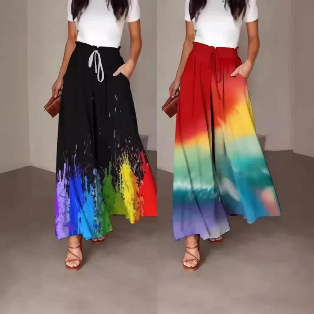 Rainbow Print Ruffle-edged Swinging Wide-leg Pants Multi-color Loose Trousers Women Summer Casual High Waist Streetwear Pants