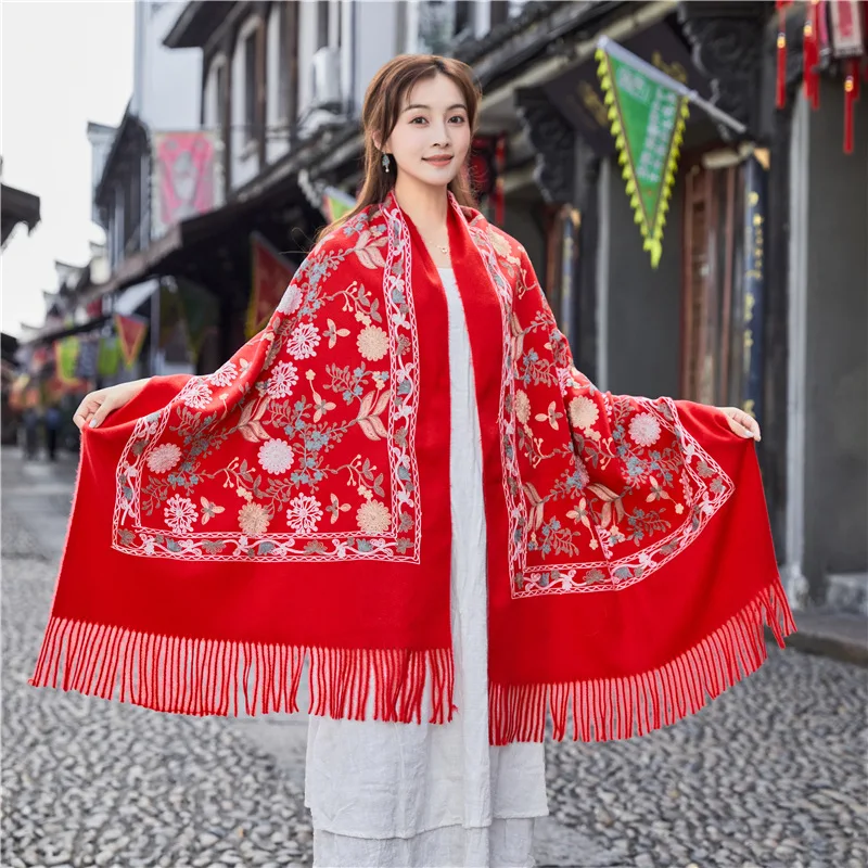 Autumn Winter New Embroidery Ethnic Style Cashmere Scarf Women\'s Thickened Warm Tassel Scarf Travel Shawl