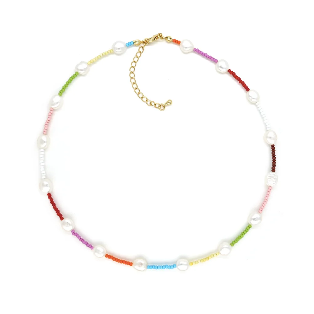 

Ожерелье из рисовых бусин в богемном стиле, смешивание цветов, искусственный жемчуг, ручное плетение, сплав, стиль летних каникул, ожерелье из бисера, оригинальный дизайн