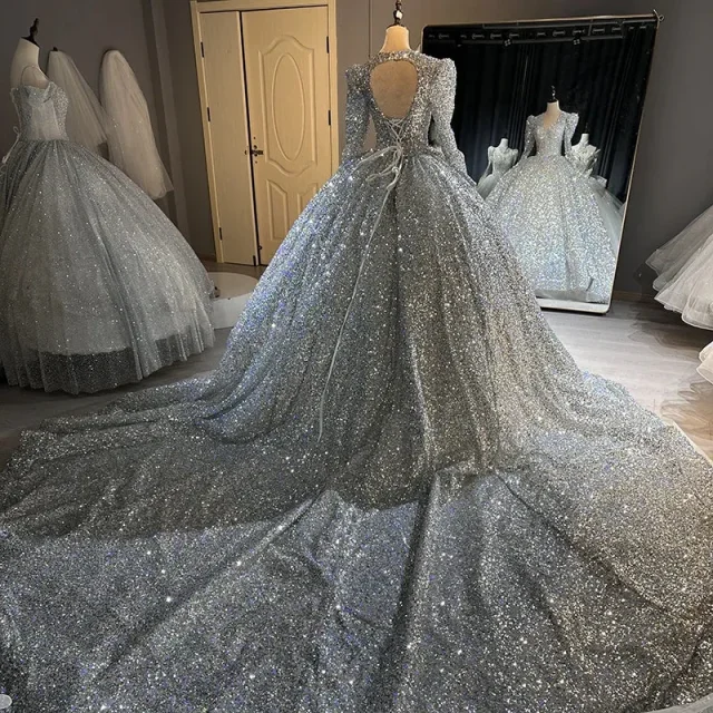 Gorgeous Glitter Sequin Ball Gown Wedding Dress Long Puff Sleeves Cathedral Train Bridal Dress Vestido De Novia Customized