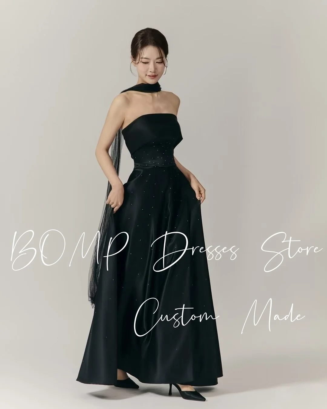BOMP elegante zwarte kralen bruiloft feestjurk strapless vloerlengte taffeat Korea fotoshoot bruidsreceptiejurk op maat